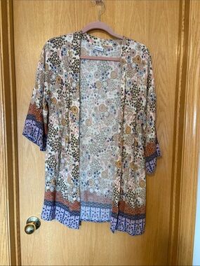 Lightweight Patchwork Open-Front Kimono in Beige, Lavender, Rust